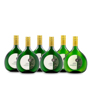 Produktabbildung "Iphöfer Lieblinge": 3 mal 2 Weine im Bocksbeutel. Müller-Thurgau, Riesling und Weißer Burgunder