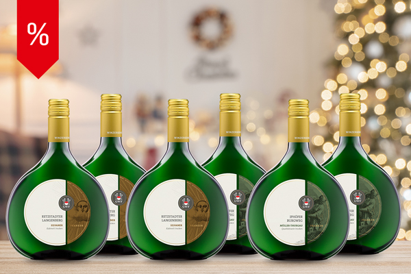 Besondere Weißweine – Müller-Thurgau & Silvaner im Bocksbeutel Weißweinpaket mit 3 Müller-Thurgau und 3 Silvaner im Bocksbeutel